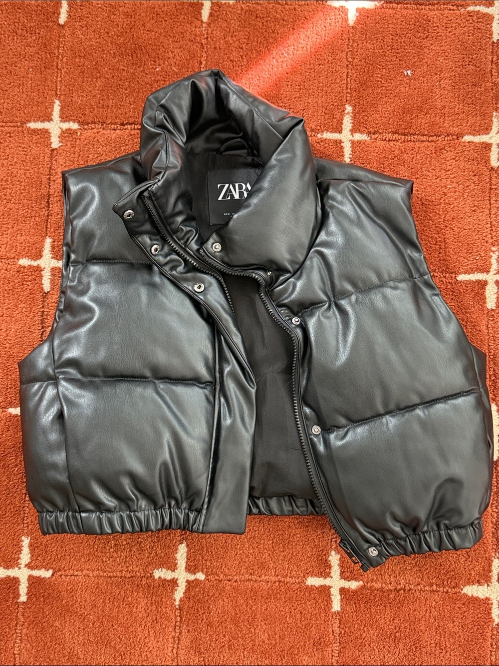 ZARA Black Vegan Leather Quilted Puffer Vest